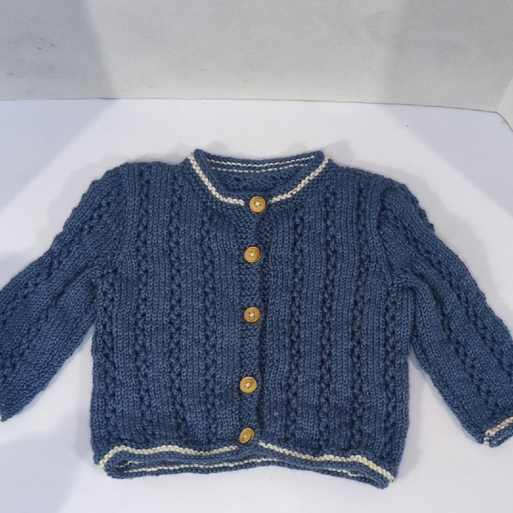 Handknit Blue Cable Baby Cardigan Cream Trim 2-3T Wooden Buttons Crochet
